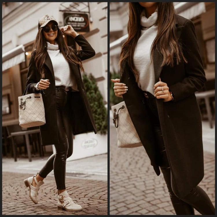 Dames Lange Jas Reverskraag Stijlvol Elegante Wintercoat