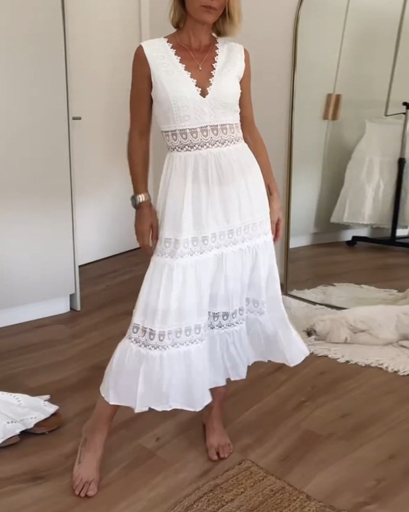 Midi Jurk Wit met Kanten Details V-hals - Mode Vibes