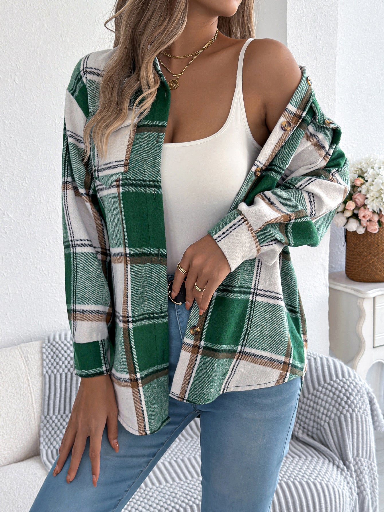 Dames Geruite Overshirt met Zakken en Knopen Casual Stijl