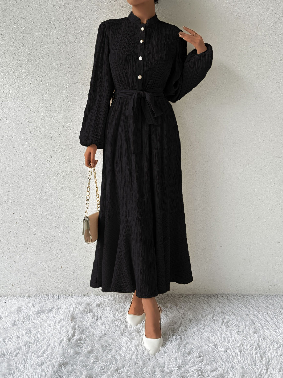 Vrouwelijke Jurk met Lange Mouwen en Taille Accent