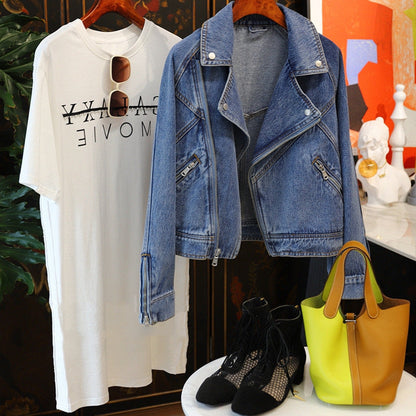 Dames Bikerjas Denim Streetwear Stijl Met Ritsen