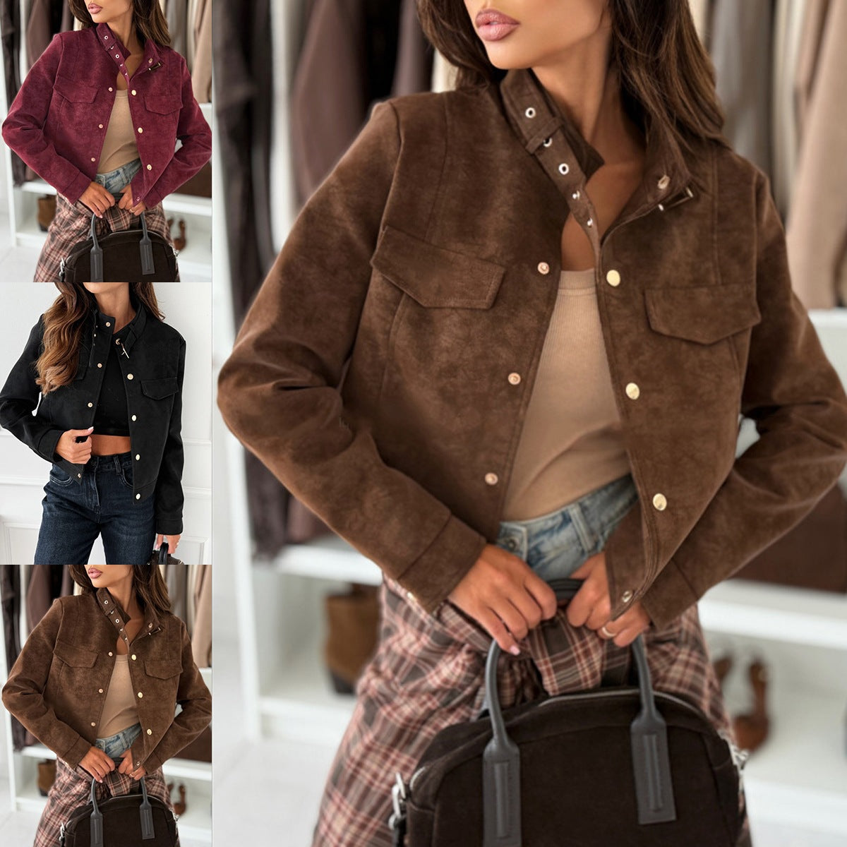 Dames Suede Look Jas Kort Chique met Gouden Knopen