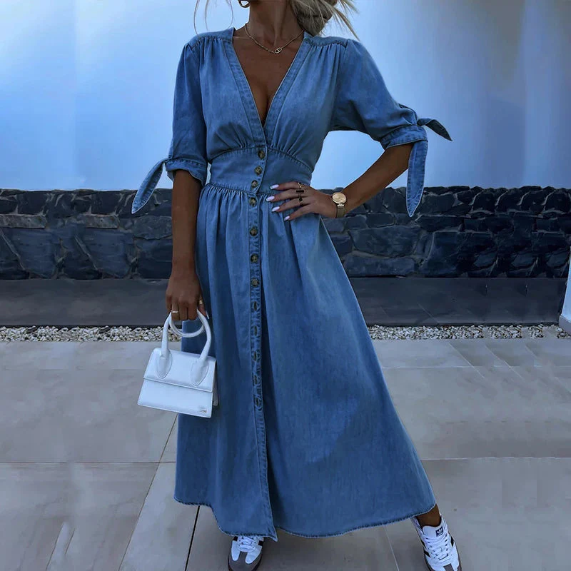 Maxi Jurk Denim Blauw met Knopen en Strikmouwen