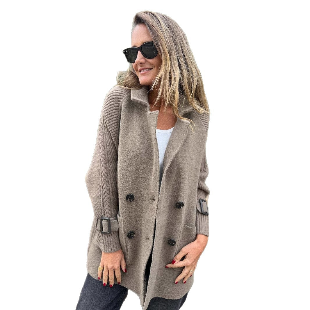 Dames Gebreide Jas Mid-Lengte Wool Look Elegante Buza