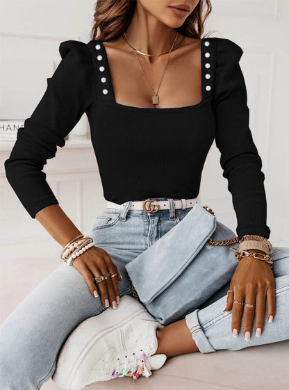 Dames Top met Vierkante Hals en Sierknopen Trendy Kleding