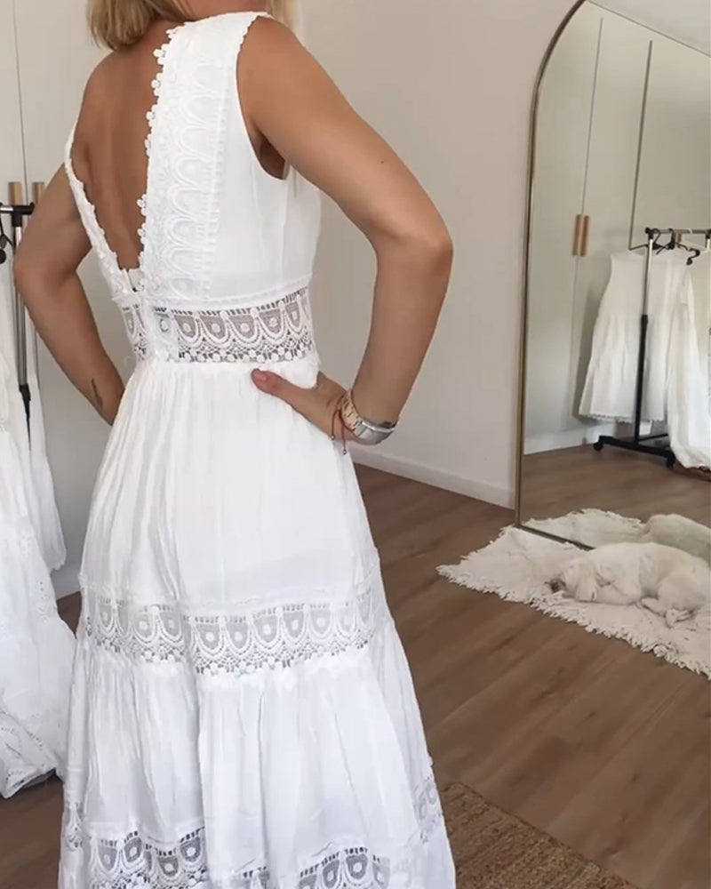 Midi Jurk Wit met Kanten Details V-hals