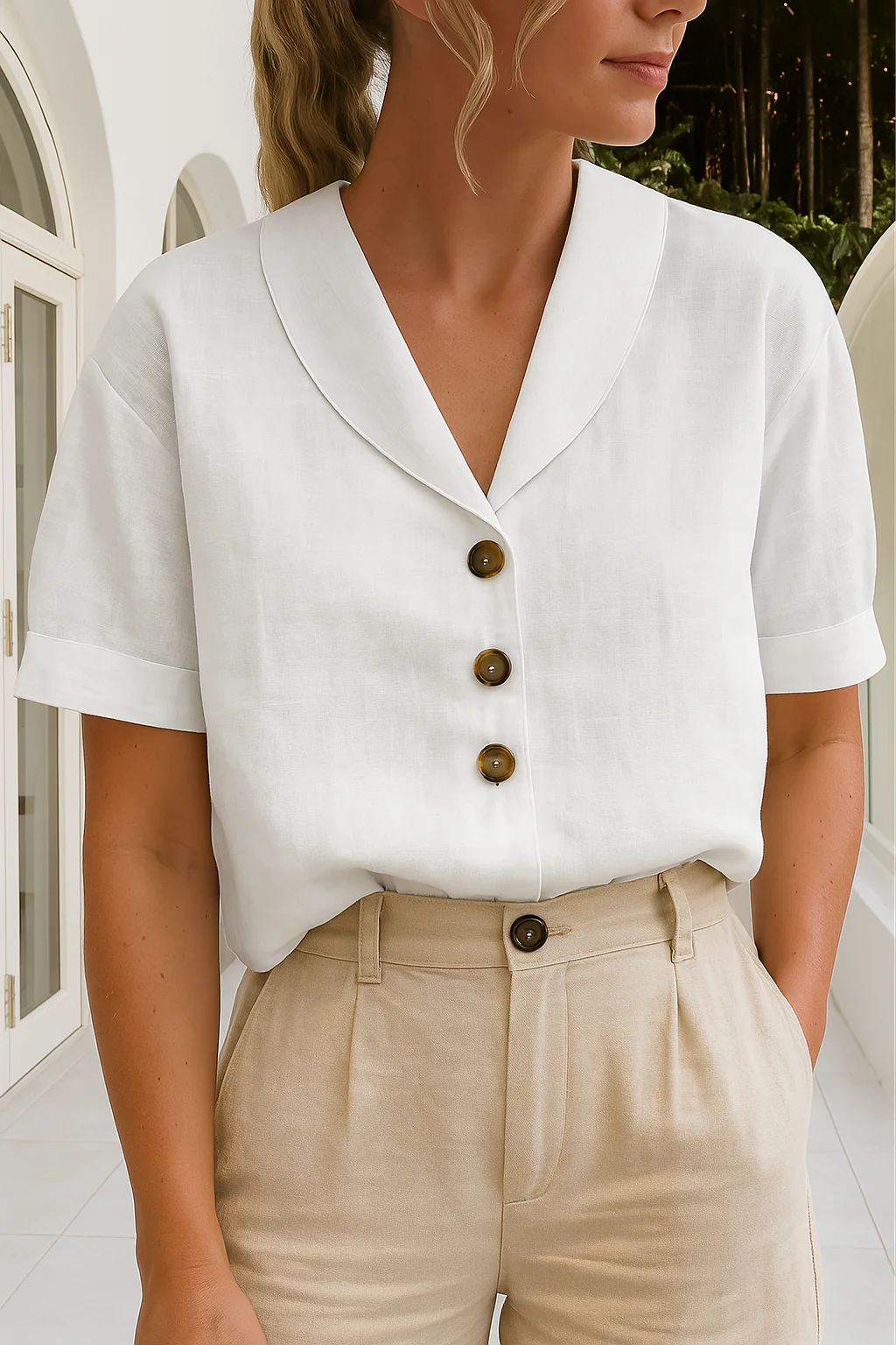 Dames Blouse Korte Mouwen met Sjaalkraag en Knoopsluiting
