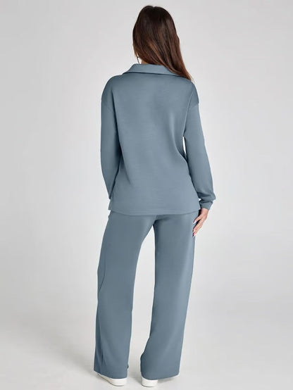 Dames Tweedelige Set met V-Hals Sweater en Wijde Broek – Comfort voor Herfst & Winter