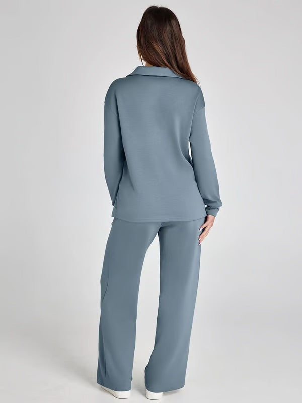 Dames Tweedelige Set met V-Hals Sweatshirt en Wijde Broek – Comfortabel & Stijlvol – Voor Herfst/Winter