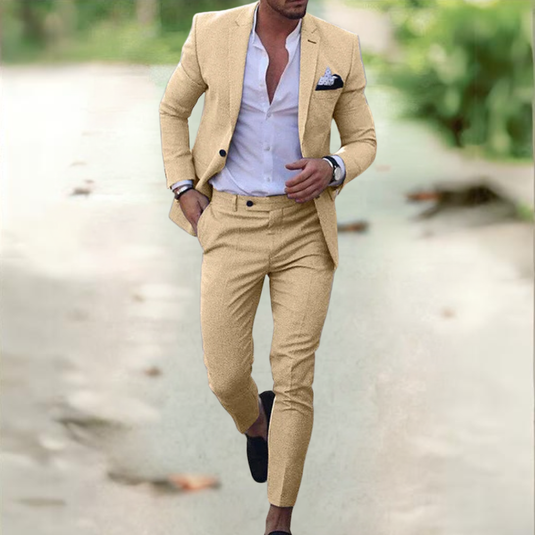 Heren Linnen Pak 2 Delig – Ademend Zomer Kostuum Slim Fit voor Bruiloft en Casual