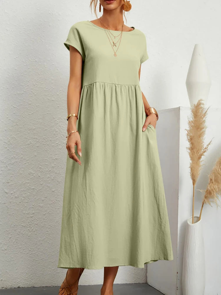 VELANORA Elegante zwarte linnen jurk met o-hals