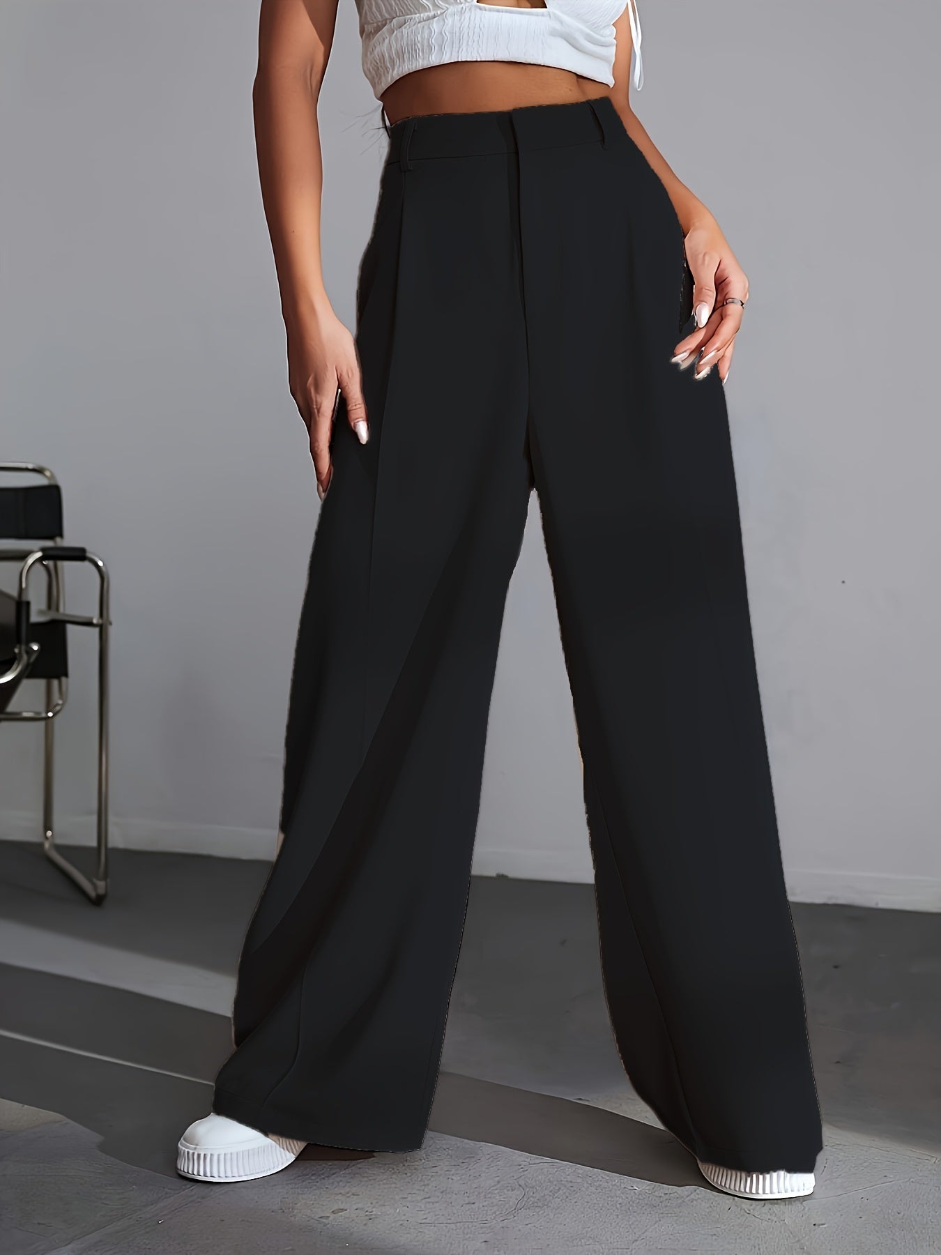 Luxe Effen Broek Wijde Pijpen Zwart Lana Stijl