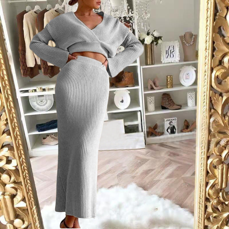 Dames Gebreide Set met Maxi Rok en V-Hals Trui - Mode Vibes