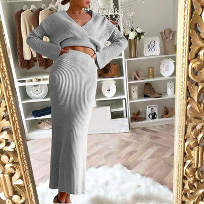 Dames Gebreide Set met Maxi Rok en V-Hals Trui - Mode Vibes