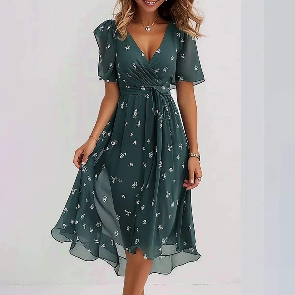 Midi Jurk met Zomerse Print en Vlindermouwen