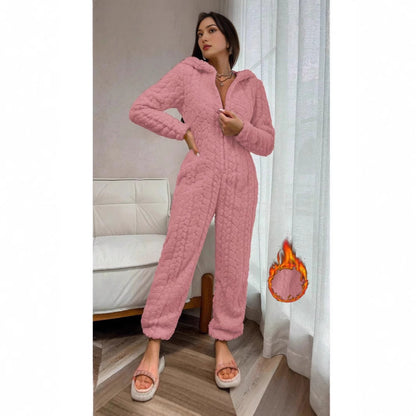 Dames Fleece Onesie met Capuchon en Kabel Patroon Warm en Zacht