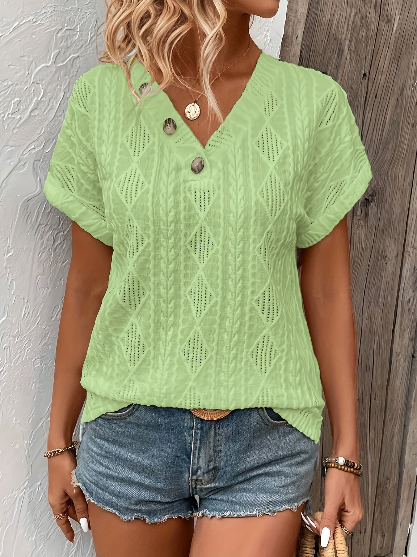 V-Hals Top Gebreid met Knoopjes Detail