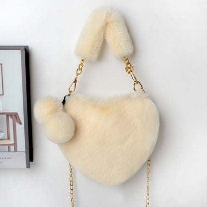 Dames Plush Handtas Hartvorm Met Ketting Detail