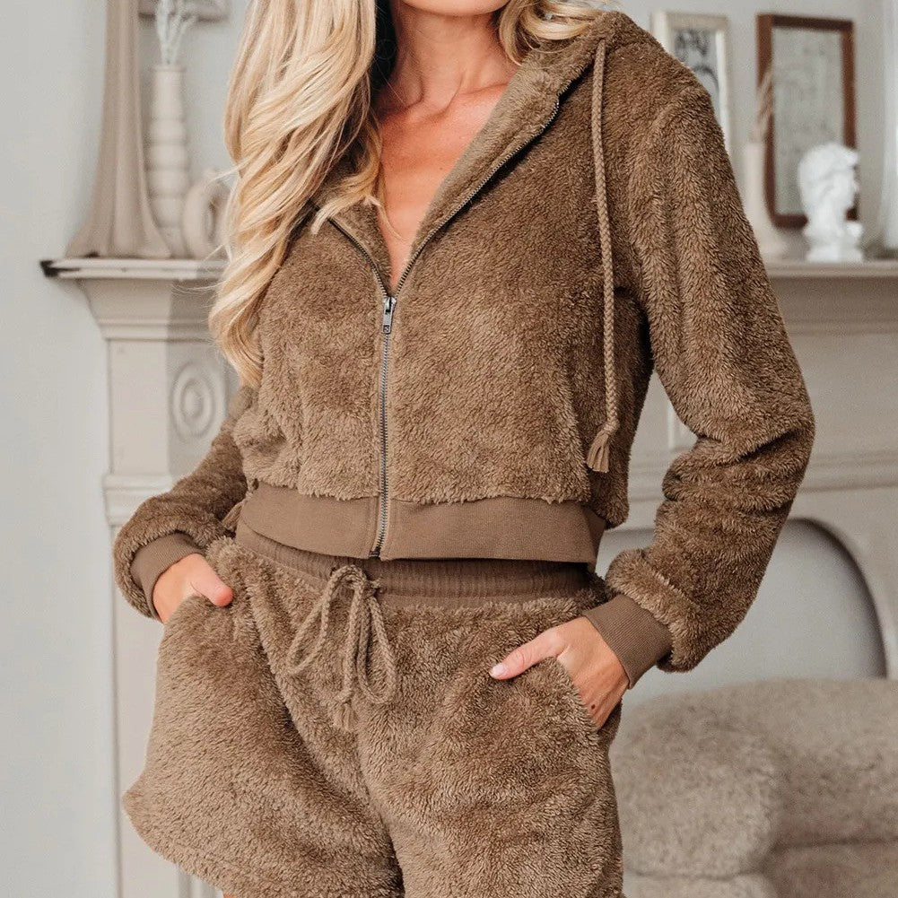 Dames Teddy Lounge Set Warm en Zacht met Hoodie en Shorts