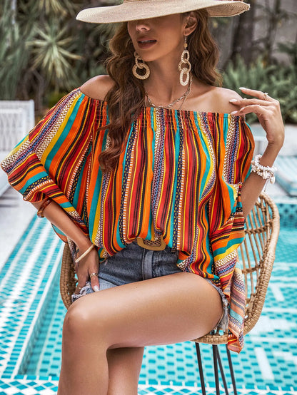Vrouwelijke Off-Shoulder Blouse Gestructureerd Bloemenpatroon