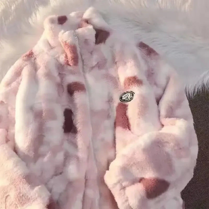 Dames Tie-Dye Winterjas – Warme Fleece met Halve Col