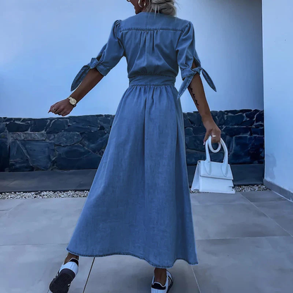 Maxi Jurk Denim Blauw met Knopen en Strikmouwen