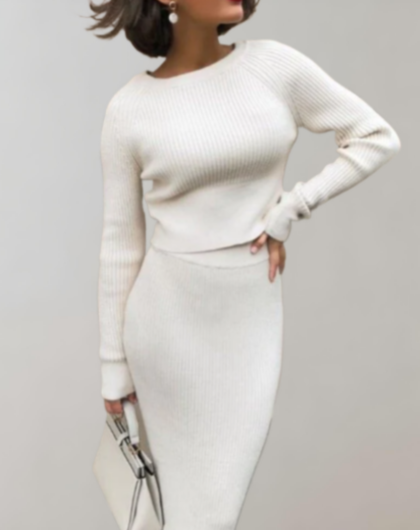 Geribde Trui en Rok Set 2-Delig Slim Fit