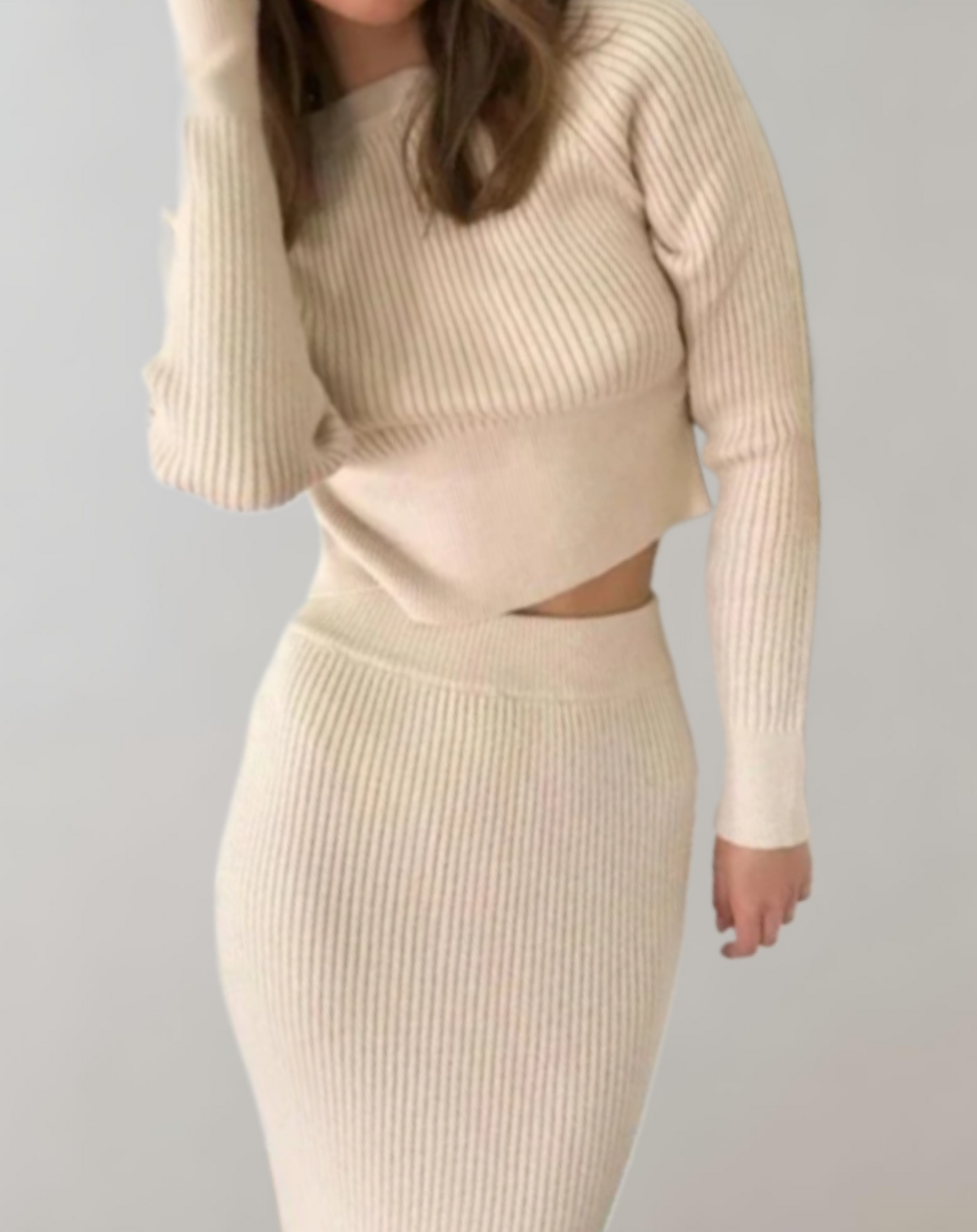 Geribde Trui en Rok Set 2-Delig Slim Fit