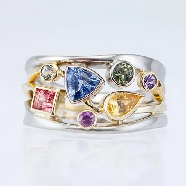 Vintage Ring met Meerkleurige Zirkonia en Intarsia Detail - Mode Vibes