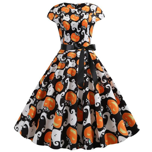 Anita | Midi jurk met spook en Halloween pompoen