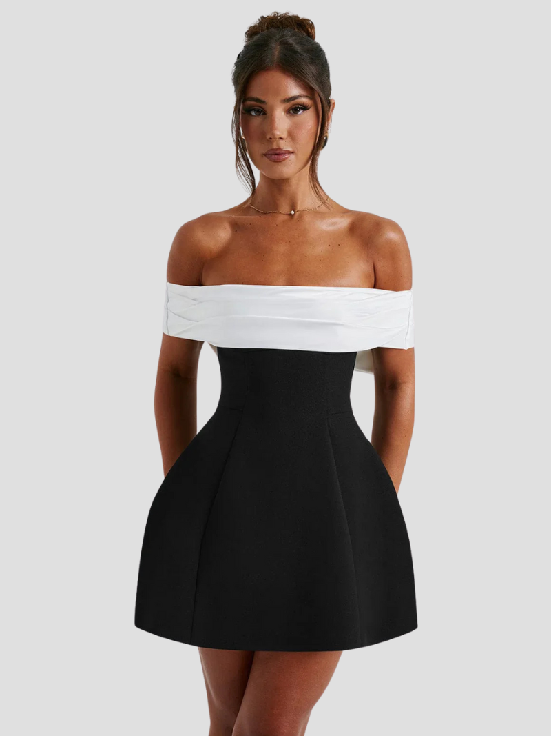Mini Jurk Zwart Wit met Strik en Bardot Hals - Mode Vibes