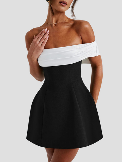 Mini Jurk Zwart Wit met Strik en Bardot Hals