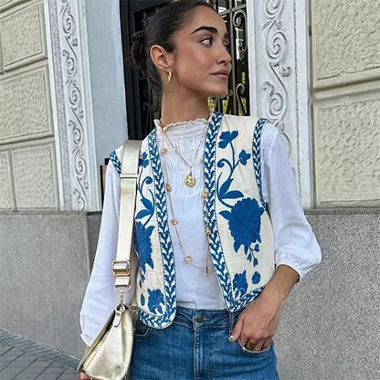 Geborduurd Gilet Blauwe Bloemen voor Vrouw - Mode Vibes