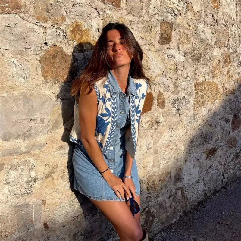 Geborduurd Gilet Blauwe Bloemen voor Vrouw