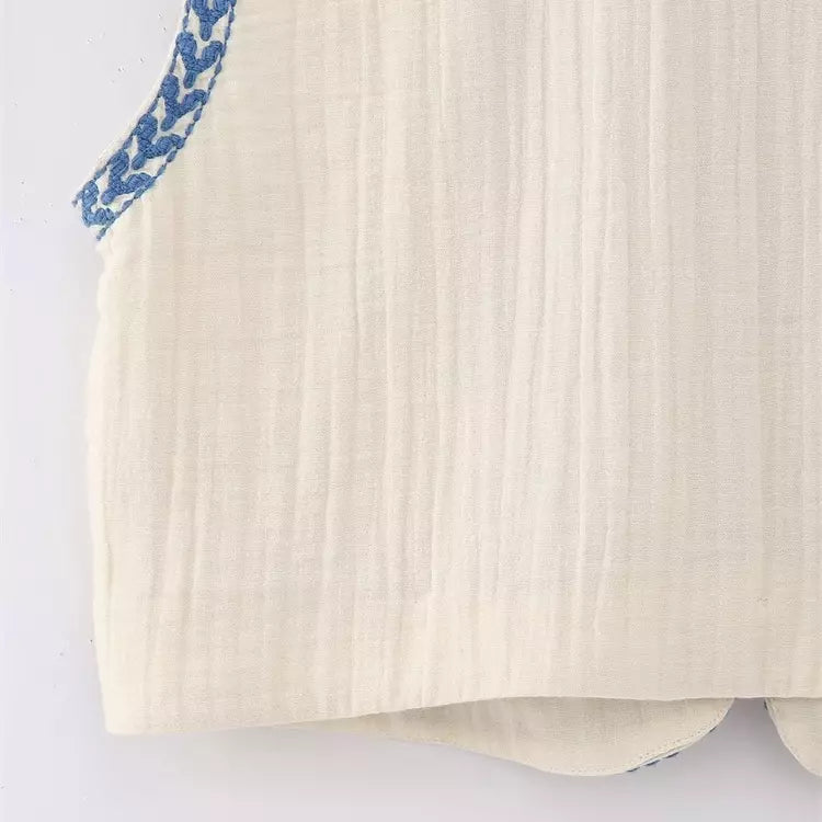 Geborduurd Gilet Blauwe Bloemen voor Vrouw