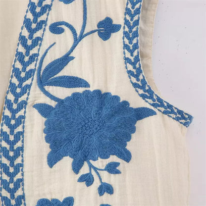 Geborduurd Gilet Blauwe Bloemen voor Vrouw