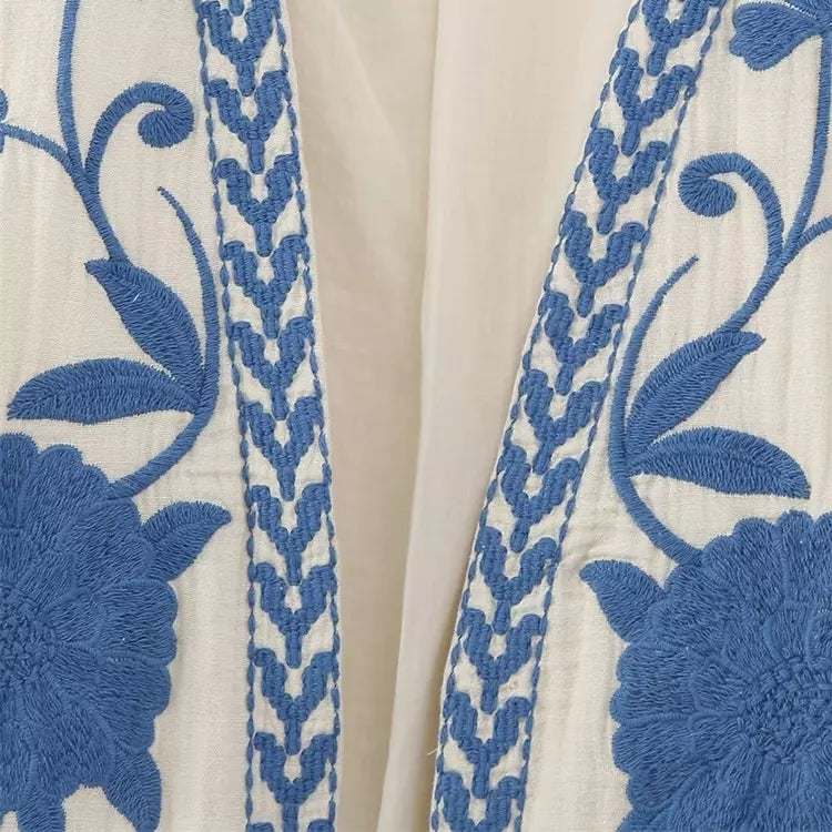 Geborduurd Gilet Blauwe Bloemen voor Vrouw