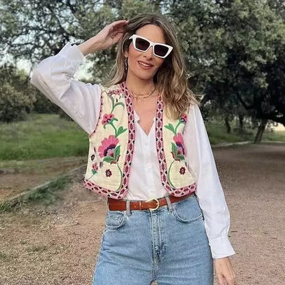 Geborduurd Gilet Blauwe Bloemen voor Vrouw