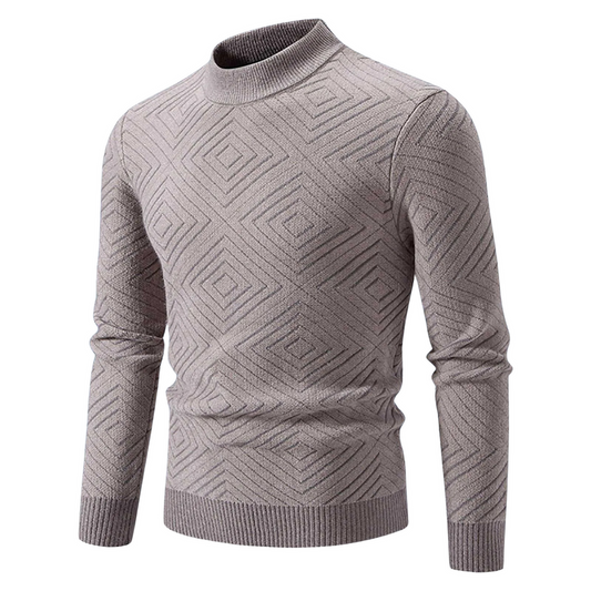 Arlano trendy trui met een modern geometrisch patroon in breige. De trui heeft een strakke pasvorm, lange mouwen en een hoge kraag voor een stijlvolle en eigentijdse look. Perfect voor casual en formele gelegenheden.