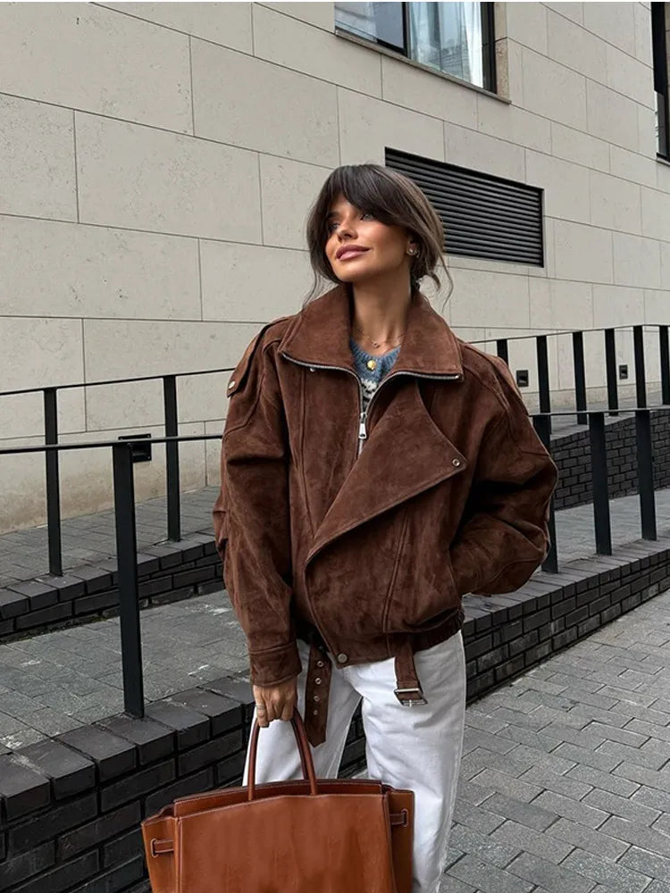 Dames Bikerjas Zachte Suède Oversized Model - Mode Vibes
