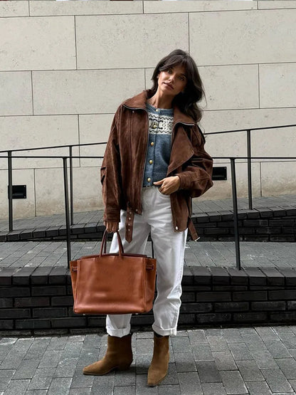 Dames Bikerjas Zachte Suède Oversized Model