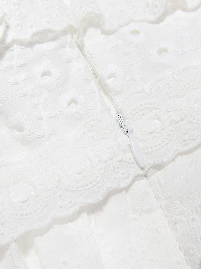 Witte Kantjurk met Ruches Romantische Vrouwelijke Jurk