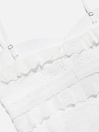 Witte Kantjurk met Ruches Romantische Vrouwelijke Jurk