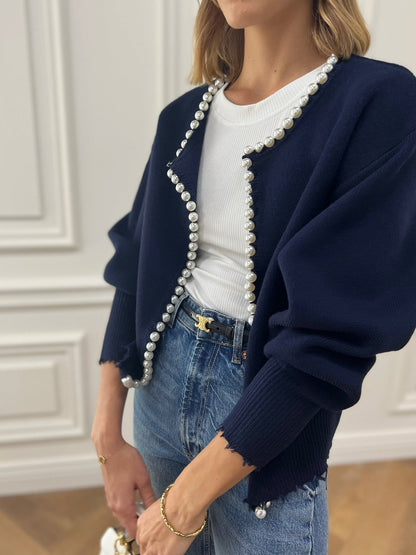 Talicia | Cardigan con bordi strappati e perle