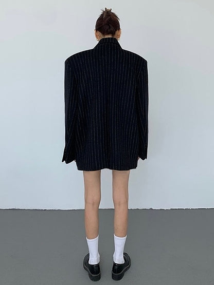 Marineblauwe Blazer Dames Klassiek Nadelstrepen Design