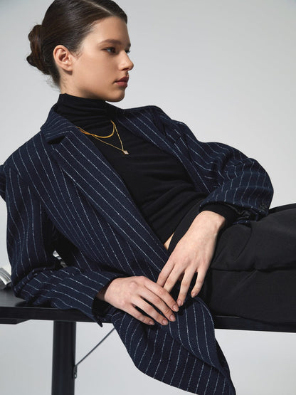 Marineblauwe Blazer Dames Klassiek Nadelstrepen Design - Mode Vibes