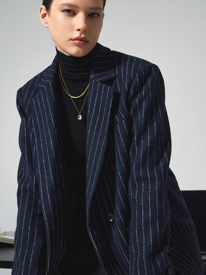 Marineblauwe Blazer Dames Klassiek Nadelstrepen Design