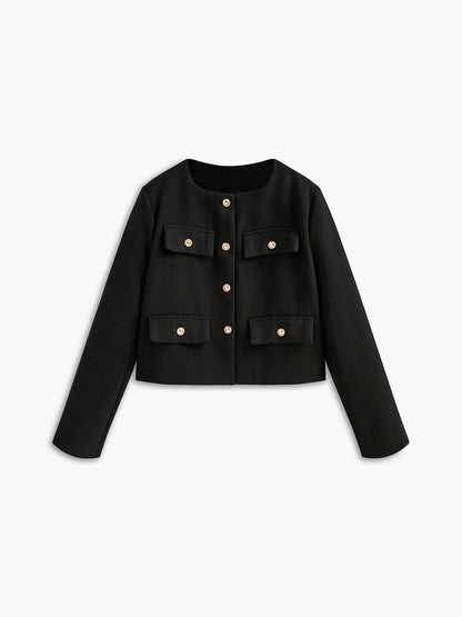 Tweed Blazer Zwart Goud Knoop Maatwerk Jas - Mode Vibes
