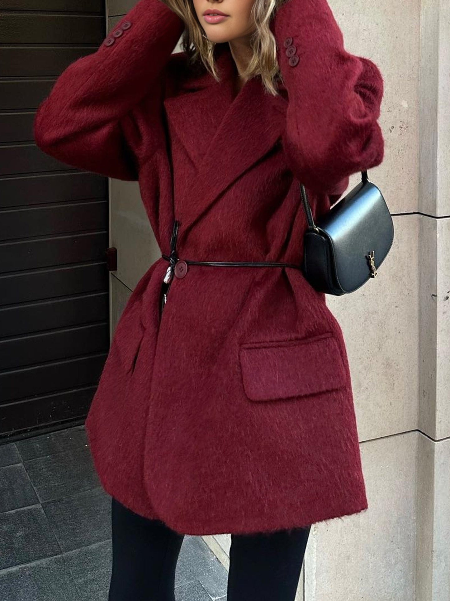 Rode Plus Size Wintermantel Wol Lange Jas Met Tailleband