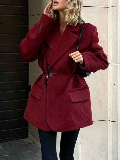 Rode Plus Size Wintermantel Wol Lange Jas Met Tailleband